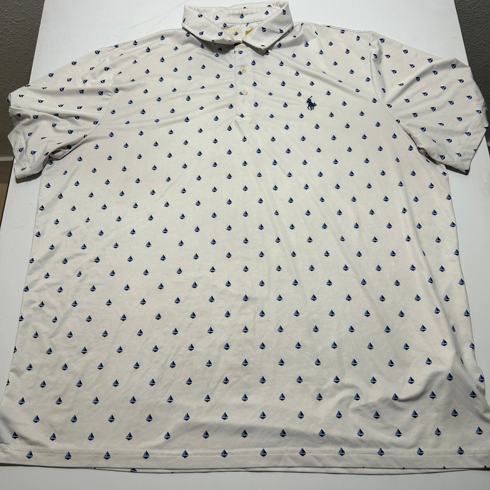 Polo Ralph Lauren Performance Sailboat Print Polo Shirt Mens XL White Blue Pony